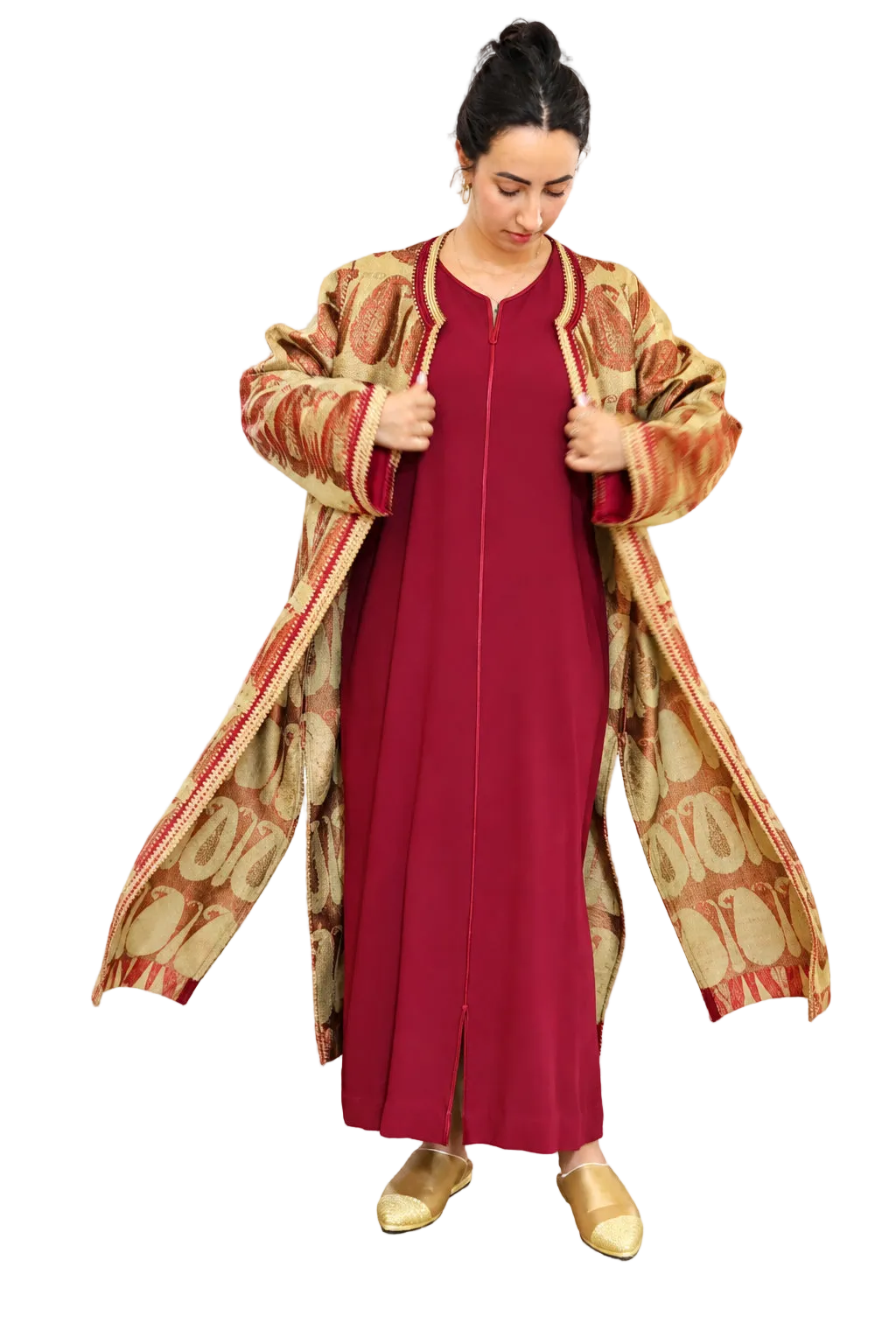 Burgundy inner dress with patterned Moroccan outer kaftan