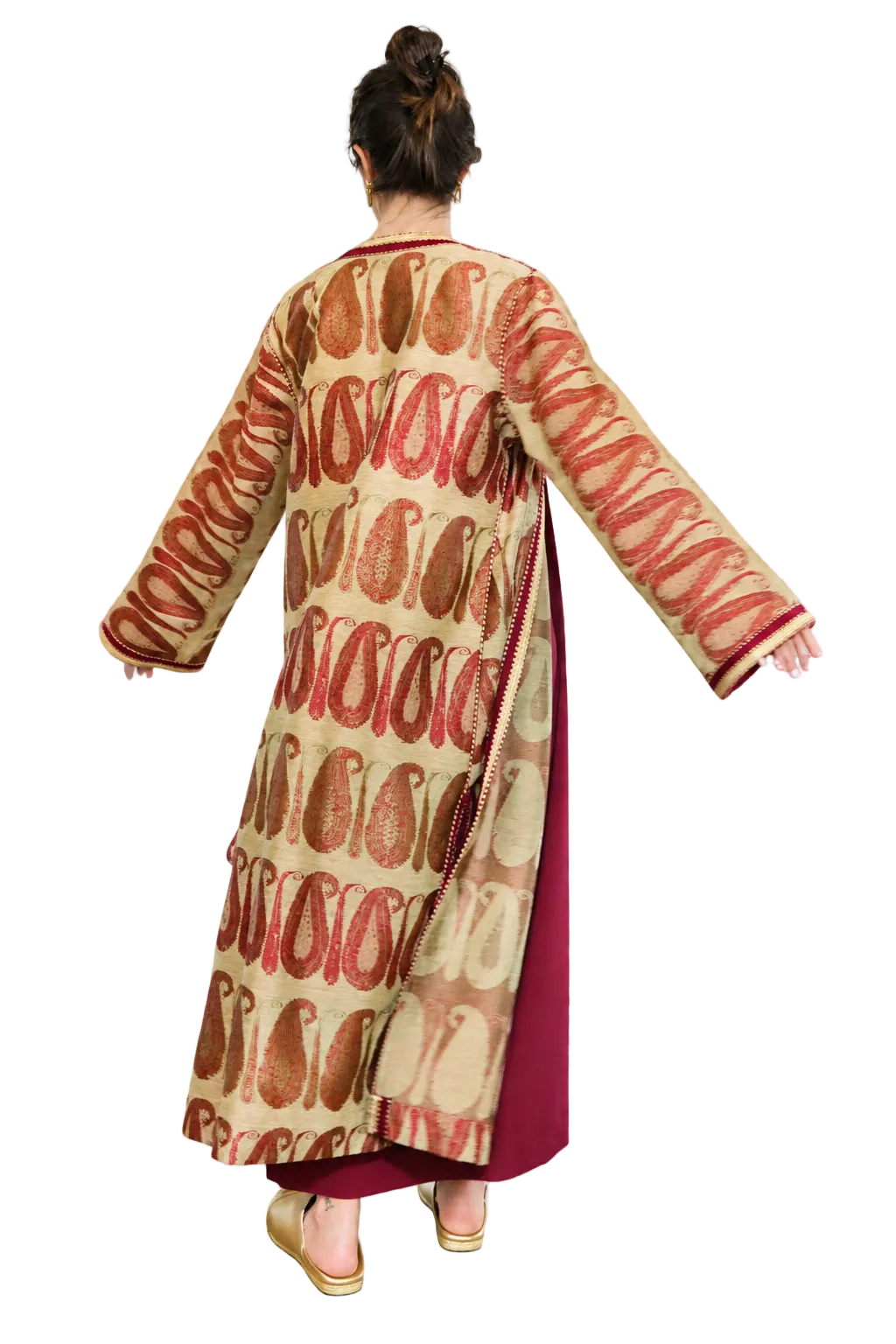 Back view of sand and burgundy paisley Moroccan kaftan