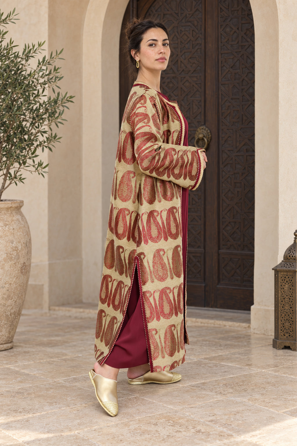 Full front view of burgundy paisley Moroccan kaftan set
