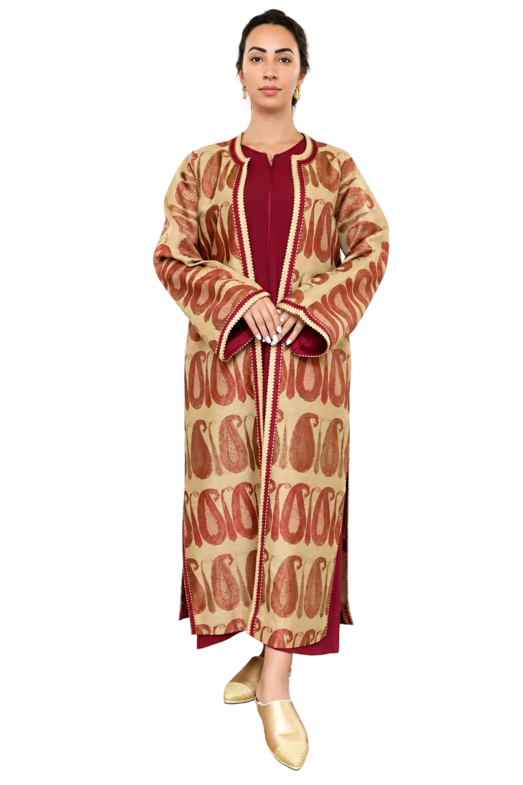 Burgundy and sand Moroccan kaftan set styled in courtyard