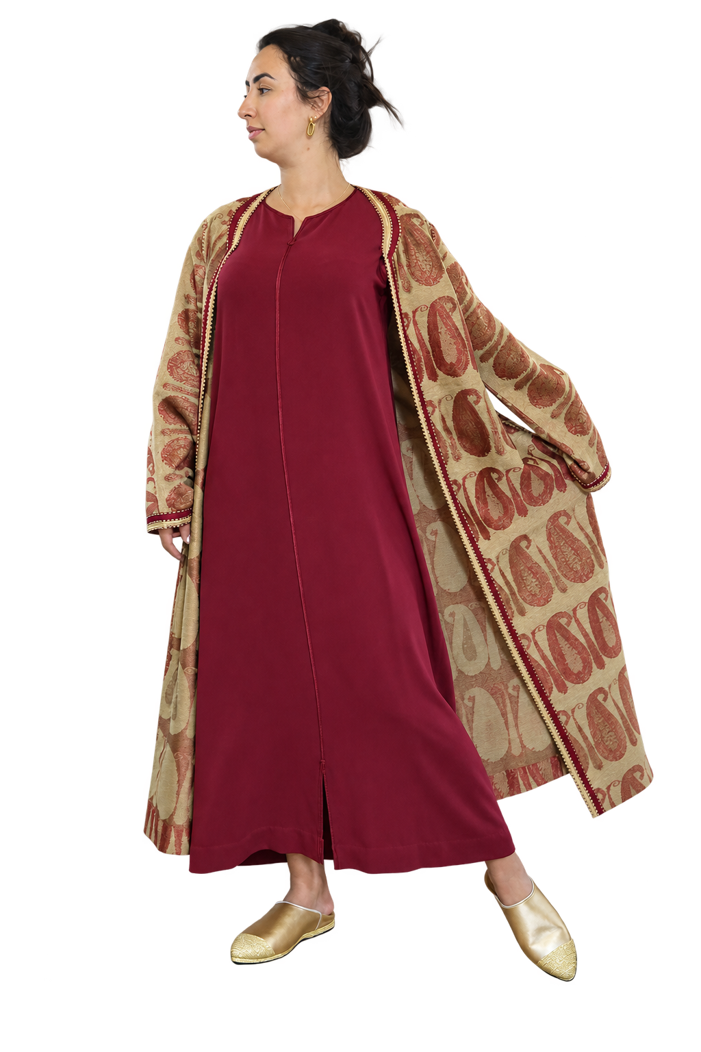 Burgundy Moroccan kaftan set worn open showing inner layer