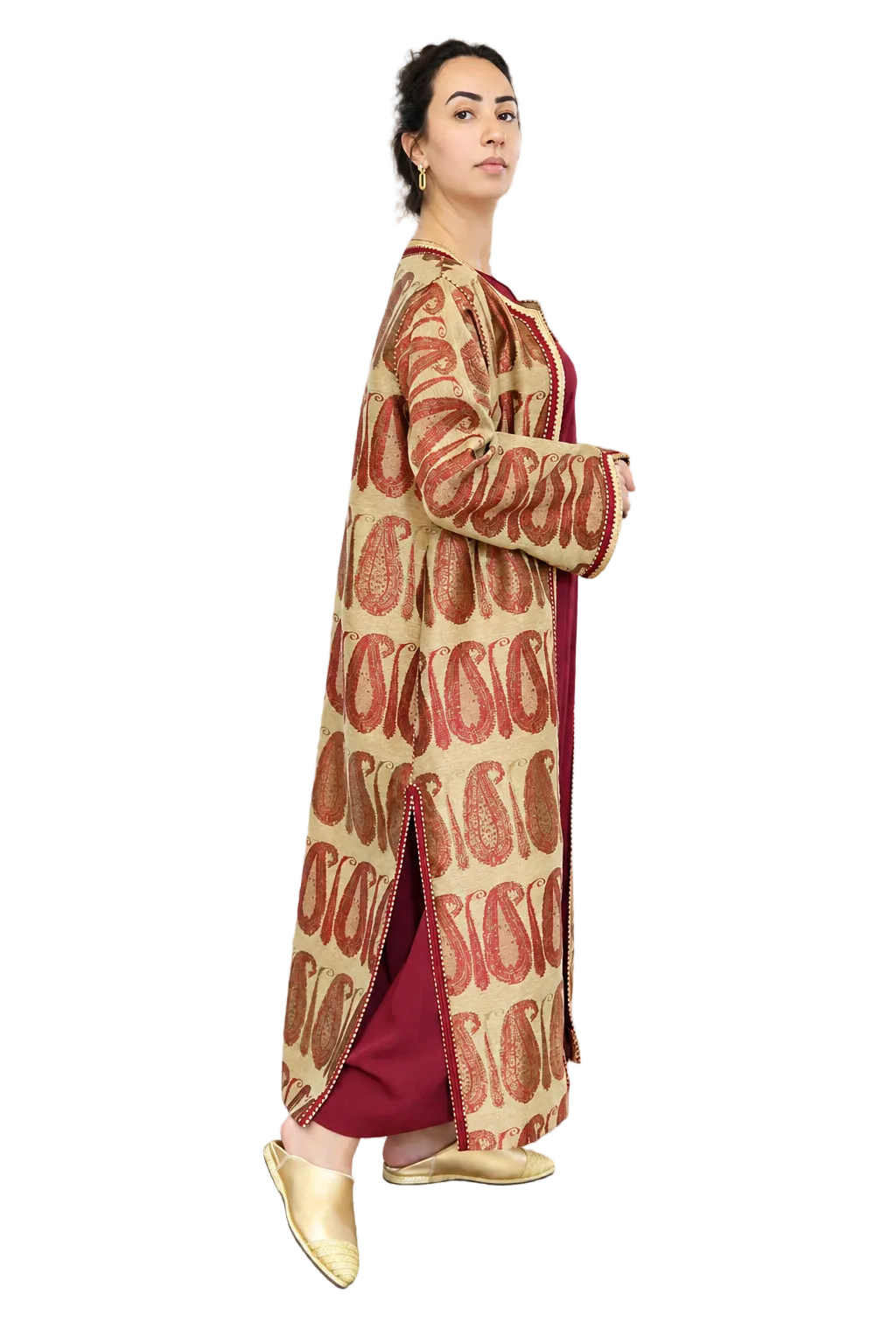 Side view of burgundy and sand paisley Moroccan kaftan