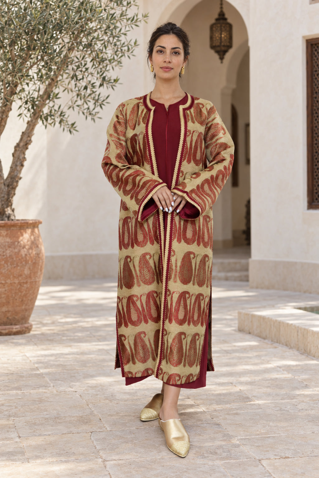Burgundy and sand paisley Moroccan kaftan set front view