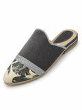 Charcoal Babouches with Silver Band and Patterned Toe on a white background