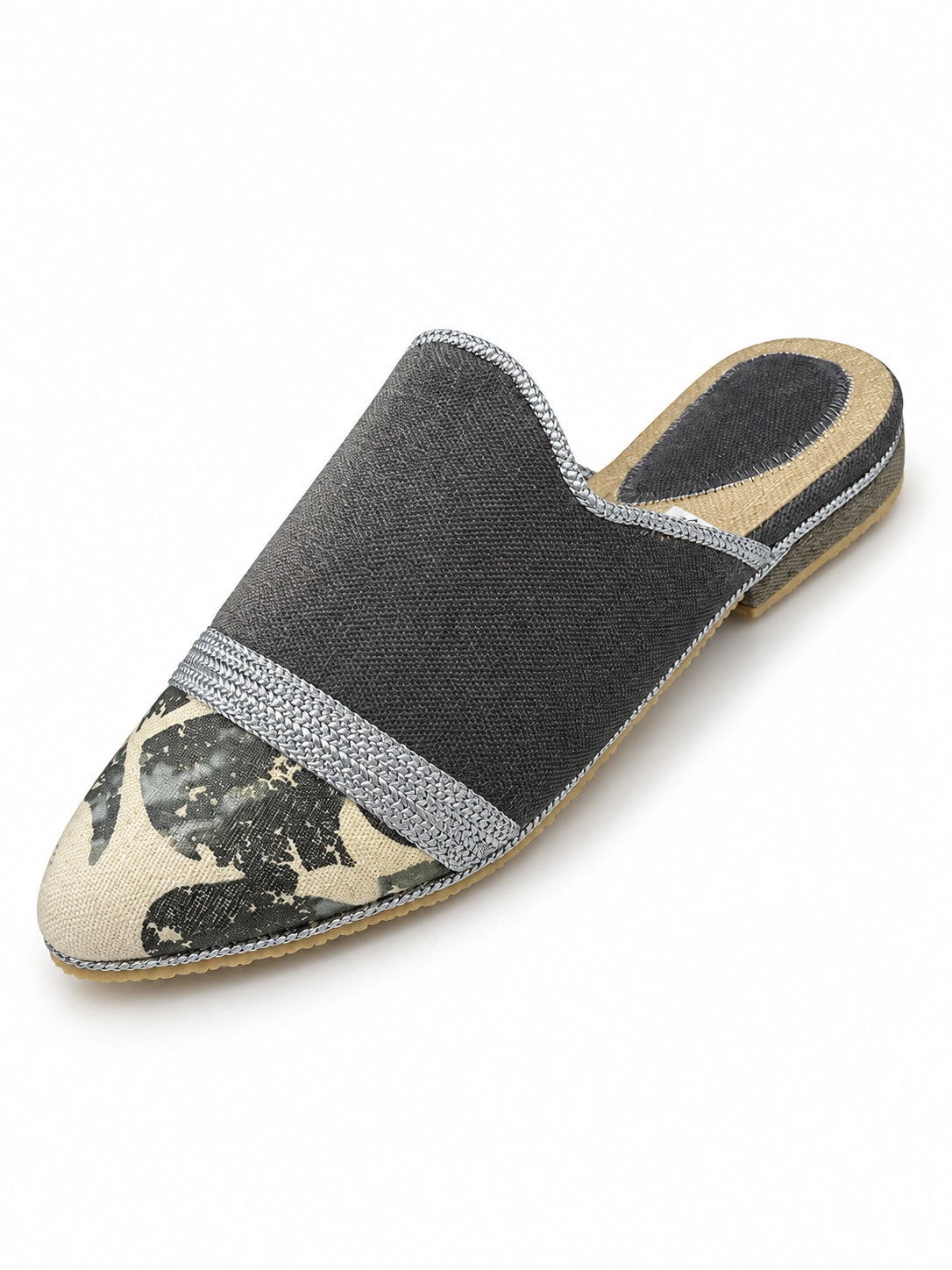Charcoal Babouches with Silver Band and Patterned Toe on a white background