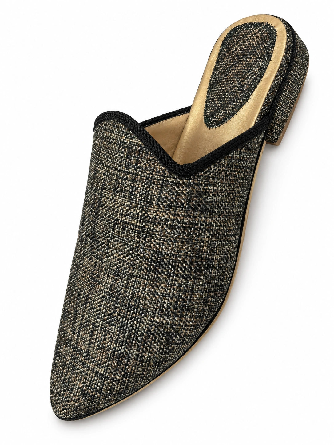 Charcoal crosshatch babouche with black braided edging, a pointed toe and an open back on a white background.