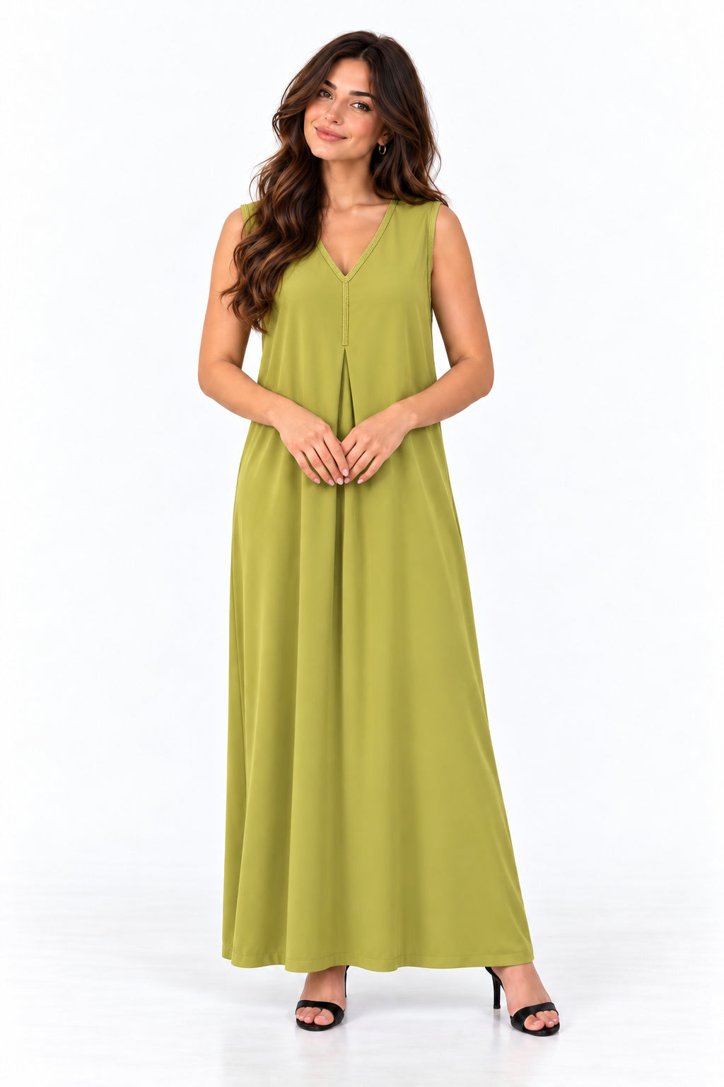 Chartreuse V-Neck Sleeveless Kmiss — AI-styled front view on the brand model, white studio.