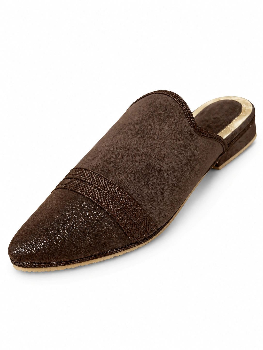 Chocolate brown babouche with a tonal braided band, subtly shimmering toe cap and gold-tone heel rim on white.