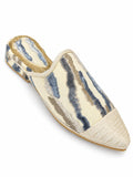 Cream babouche with blue-grey and taupe textured stripes, an ivory braided toe cap and open back on white.