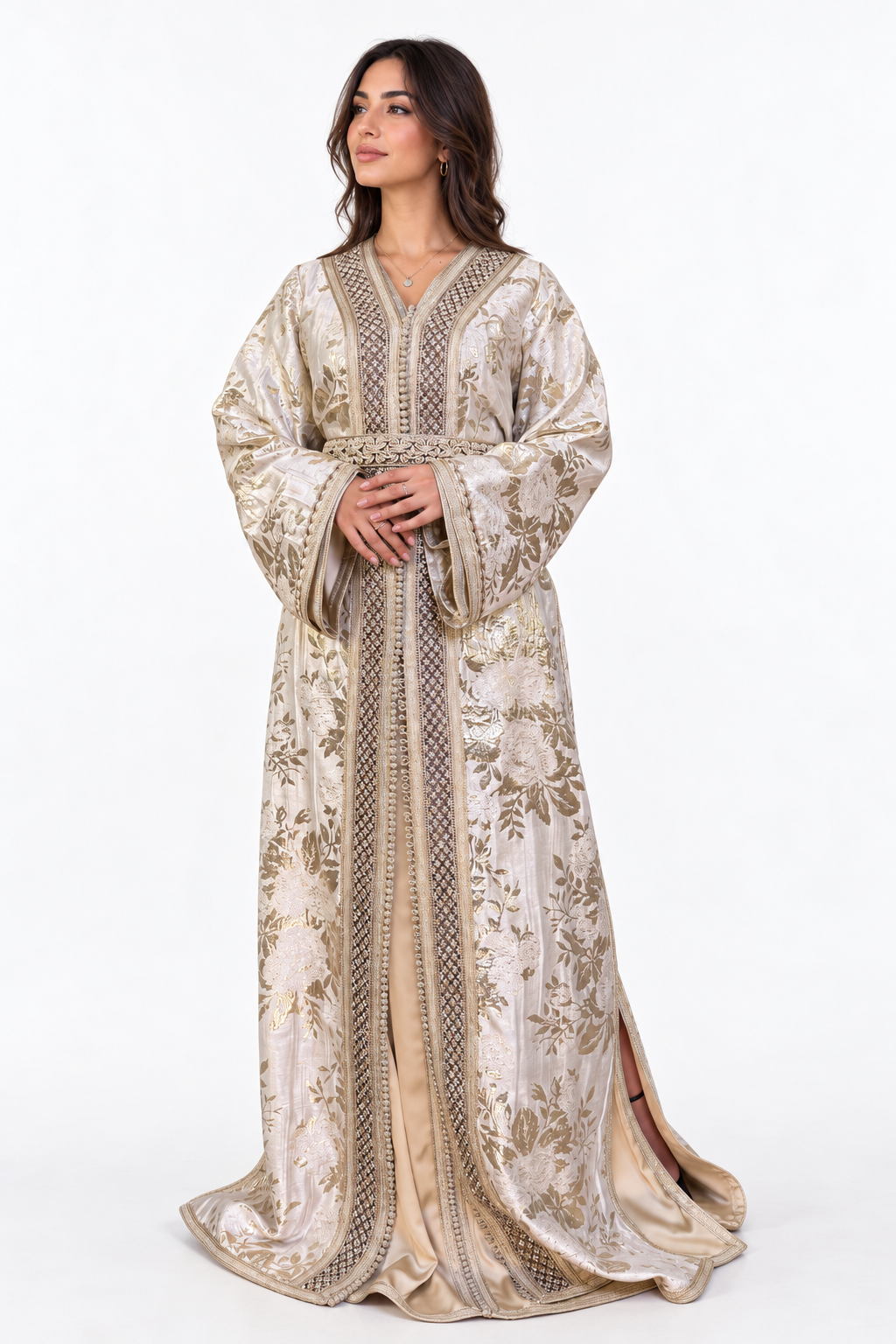 White and Gold Two-Piece Moroccan Handmade Belted Kaftan — studio view 1