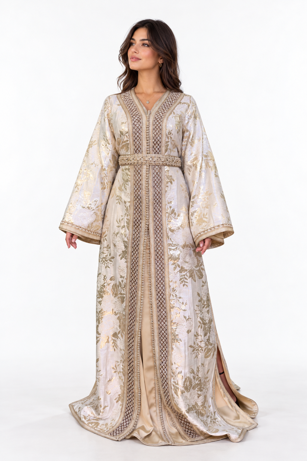 White and Gold Two-Piece Moroccan Handmade Belted Kaftan — studio view 2