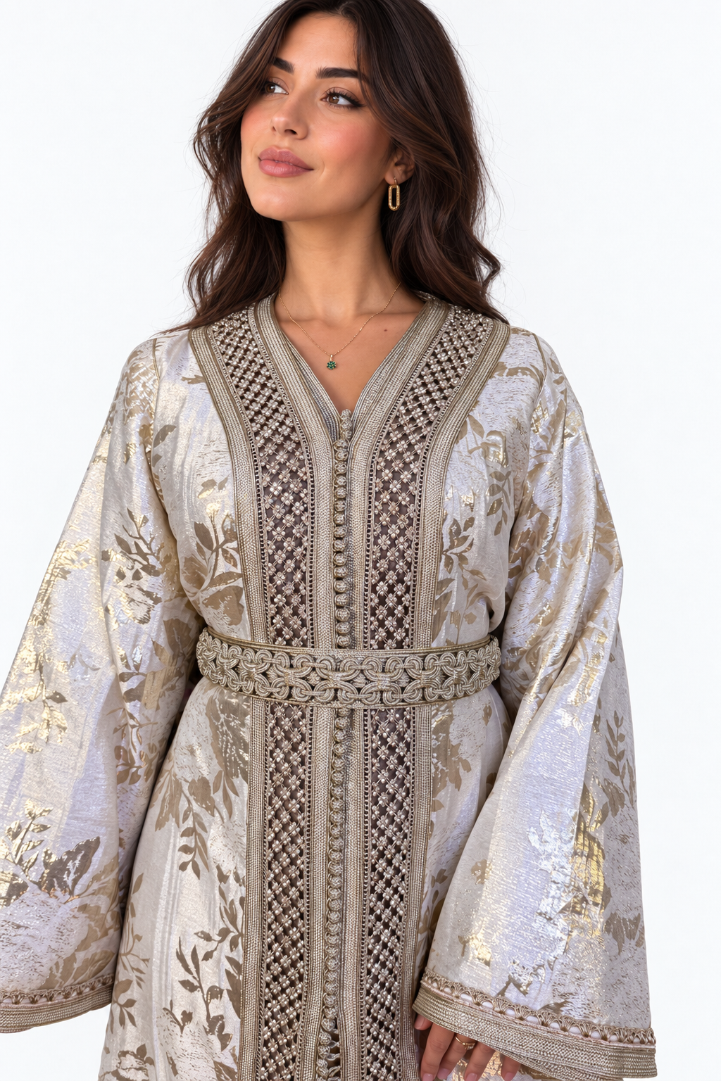 White and Gold Two-Piece Moroccan Handmade Belted Kaftan — studio view 3