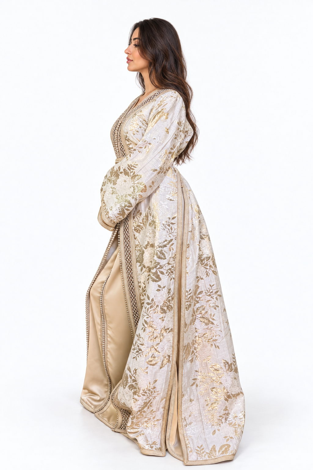 White and Gold Two-Piece Moroccan Handmade Belted Kaftan — studio view 4