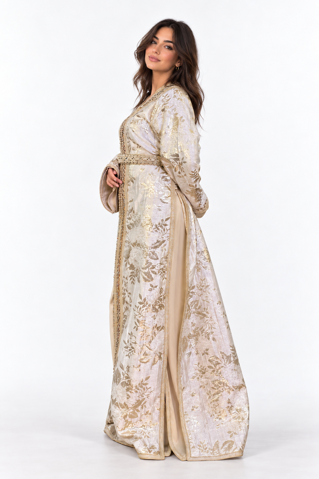 White and Gold Two-Piece Moroccan Handmade Belted Kaftan — studio view 5