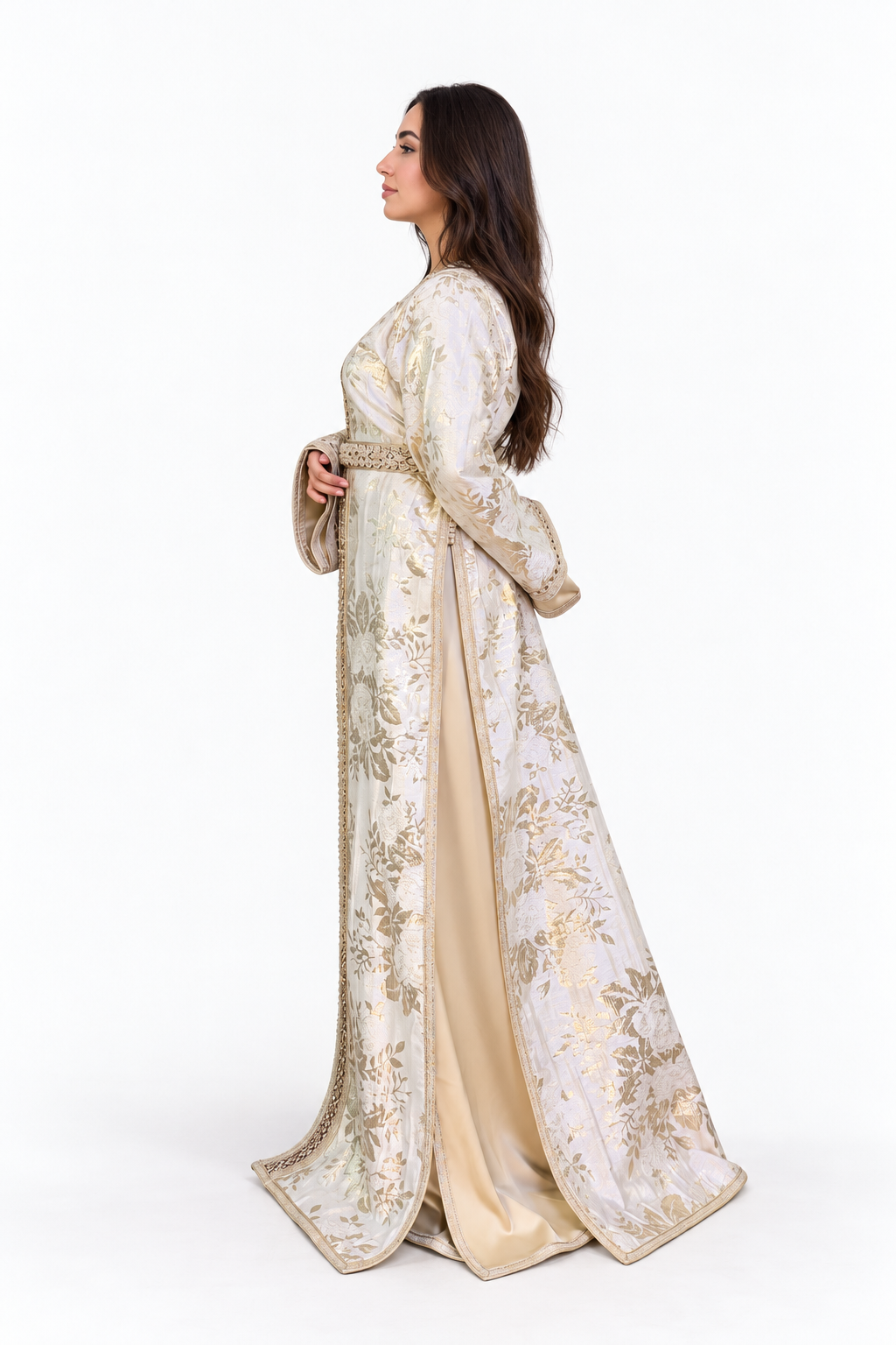 White and Gold Two-Piece Moroccan Handmade Belted Kaftan — studio view 6