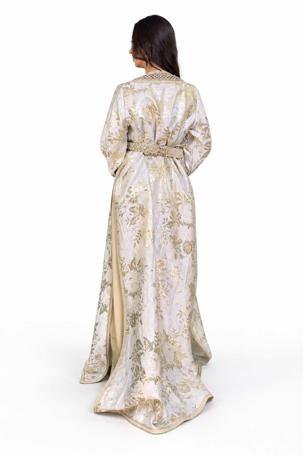 White and Gold Two-Piece Moroccan Handmade Belted Kaftan — studio view 7