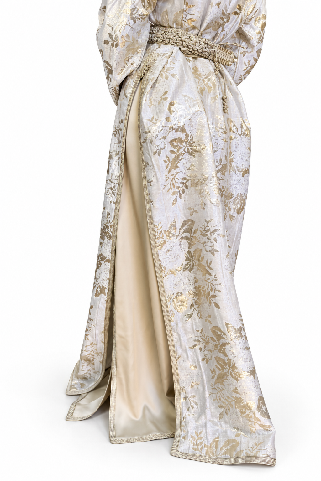 White and Gold Two-Piece Moroccan Handmade Belted Kaftan — studio view 8