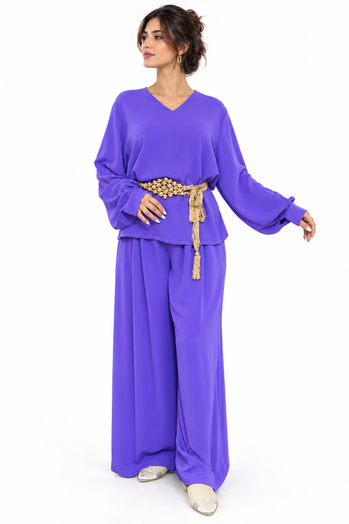 Amira Purple Crepe Two-Piece Set — V-Neck Collar, Long Sleeves — three-quarter front view