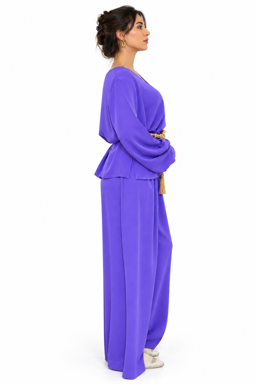 Amira Purple Crepe Two-Piece Set — V-Neck Collar, Long Sleeves — side profile