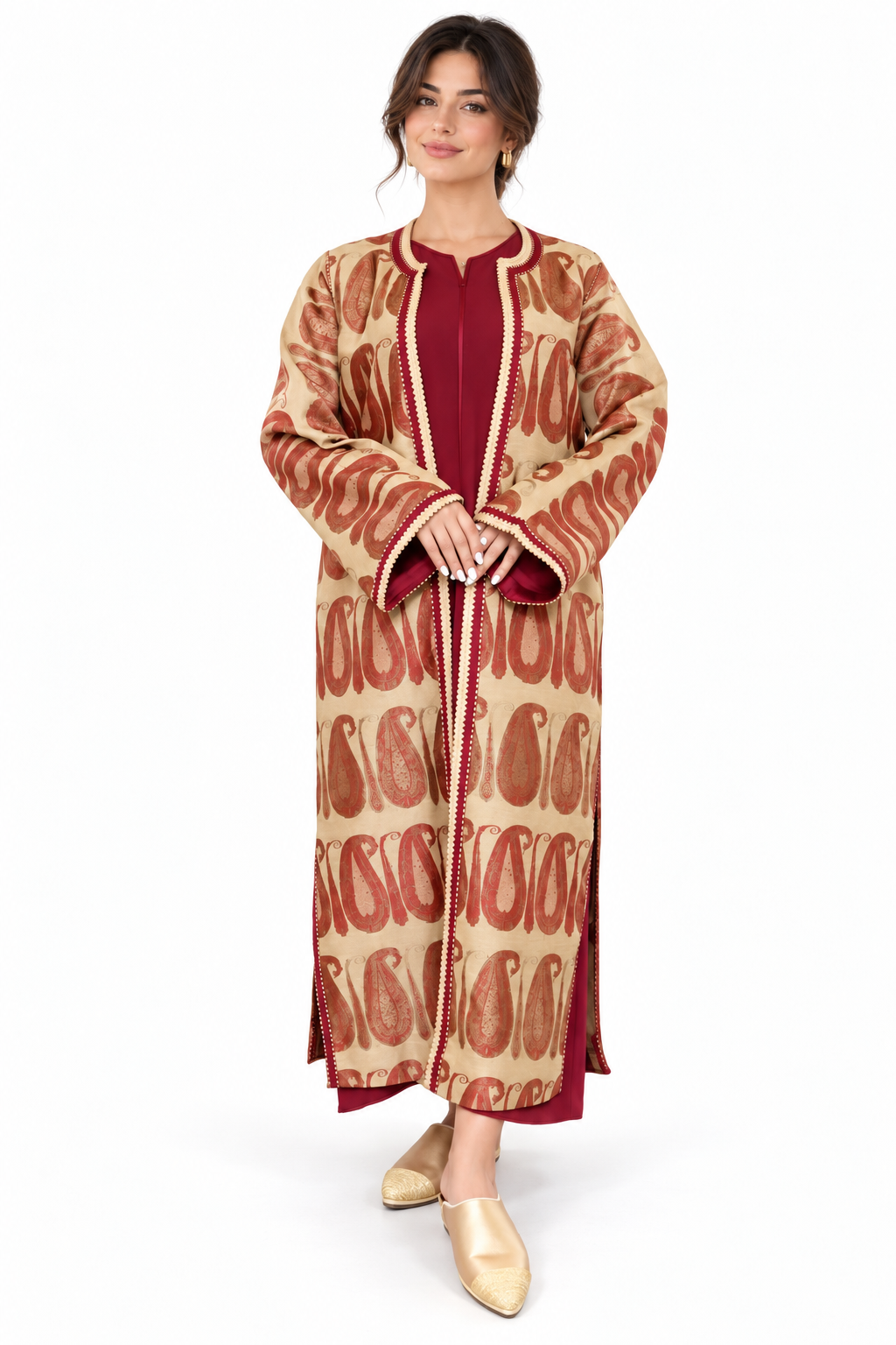 Burgundy and sand Moroccan kaftan set styled in courtyard