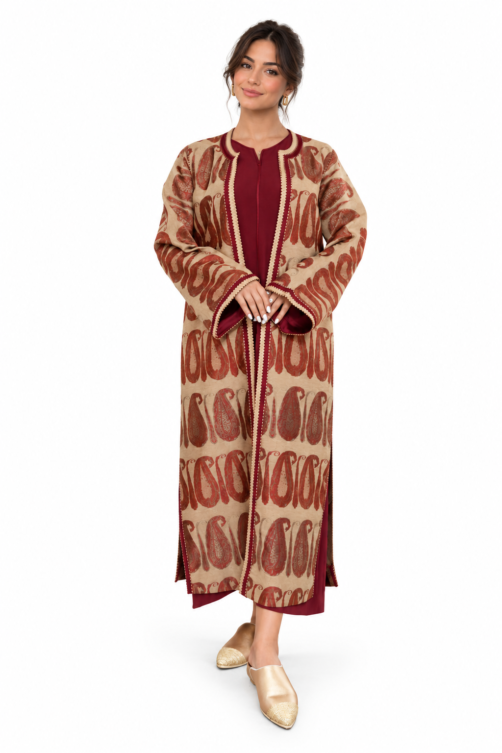 Burgundy and sand paisley Moroccan kaftan set front view