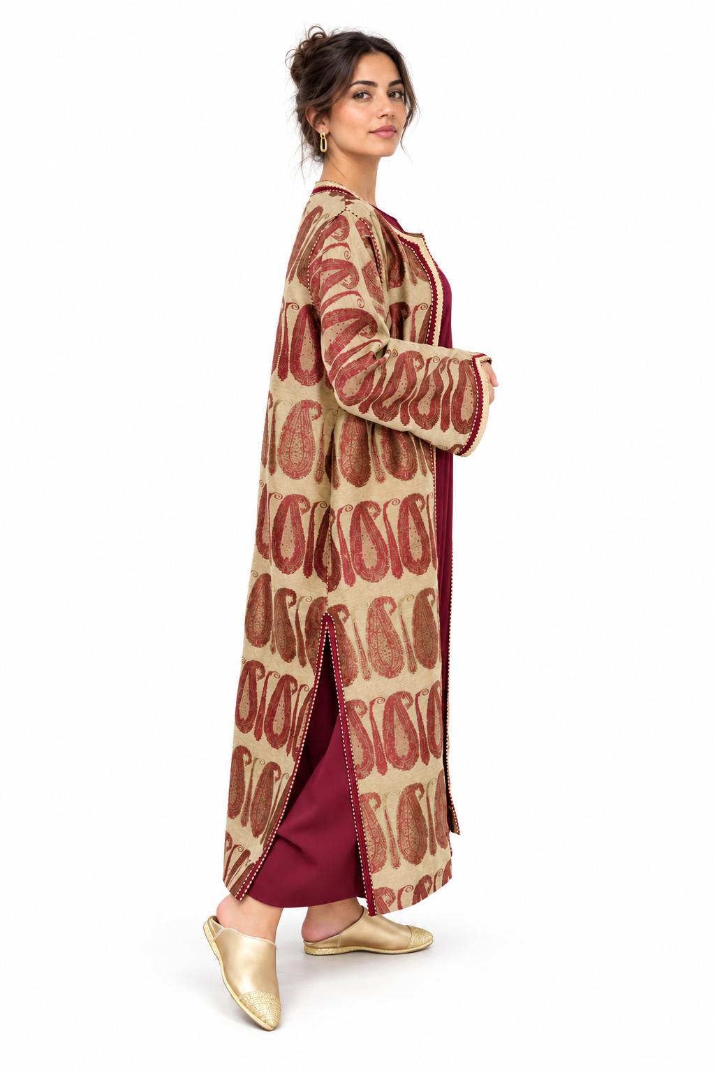 Full front view of burgundy paisley Moroccan kaftan set