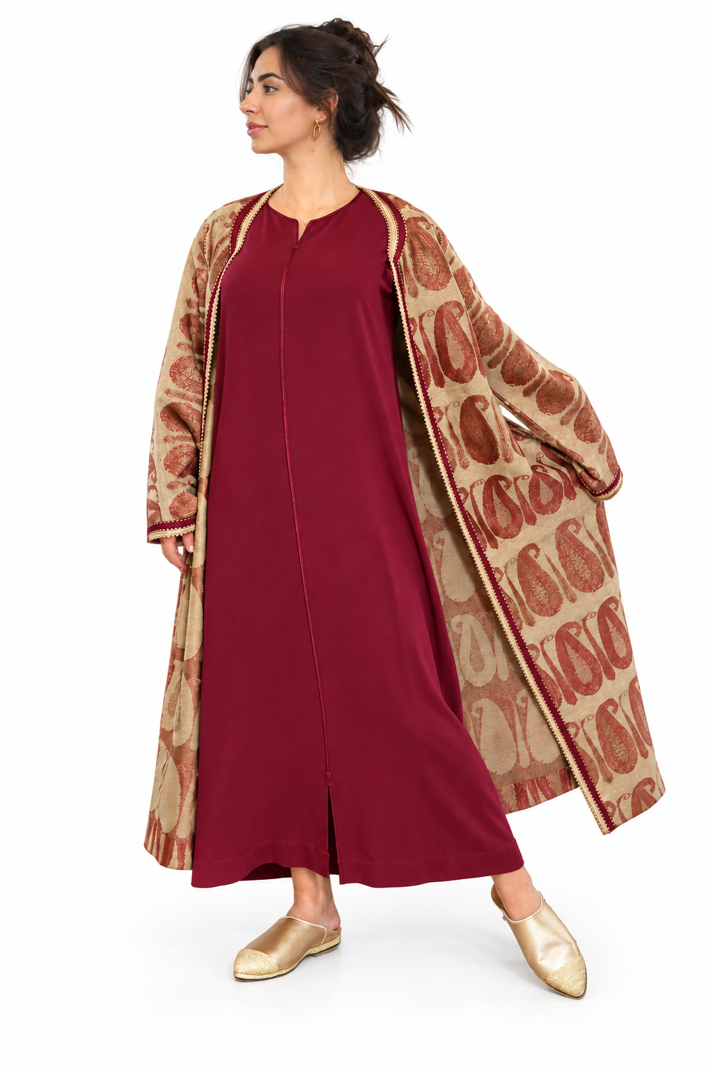 Burgundy Moroccan kaftan set worn open showing inner layer