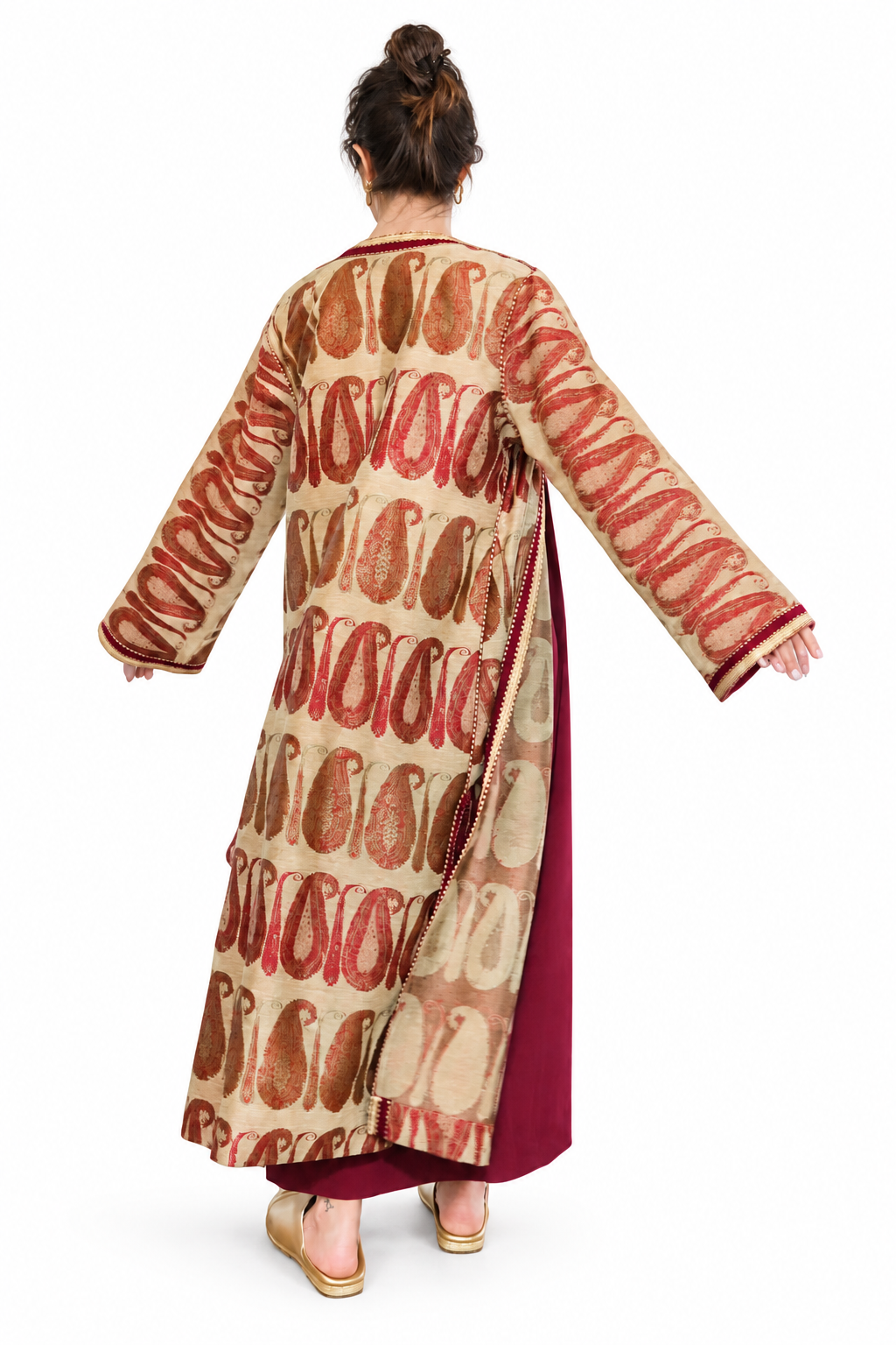 Back view of sand and burgundy paisley Moroccan kaftan