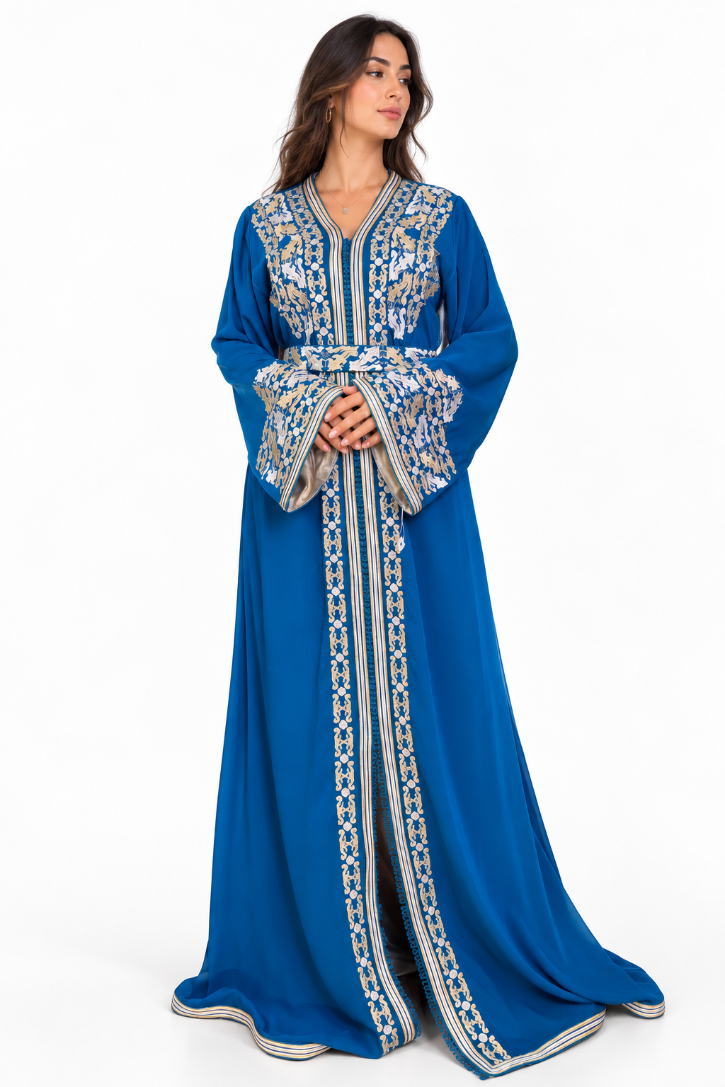 Blue One-Piece Moroccan Kaftan with Belt with Embroidered Overlay — product view 1