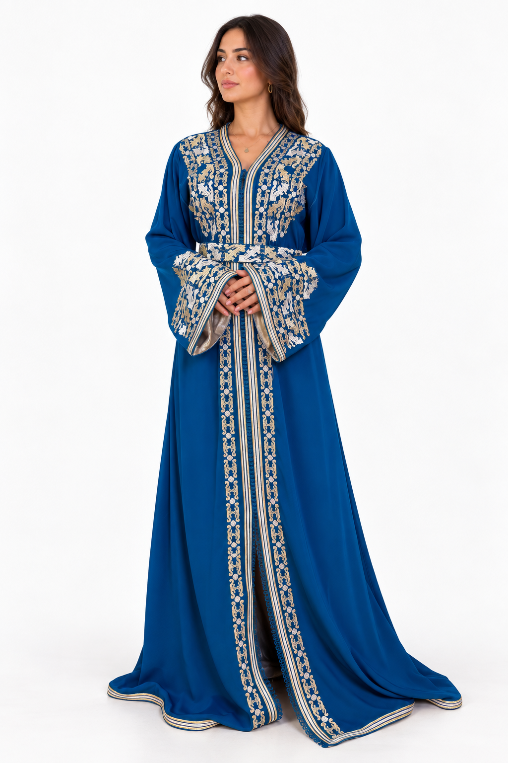 Blue One-Piece Moroccan Kaftan with Belt with Embroidered Overlay — product view 2