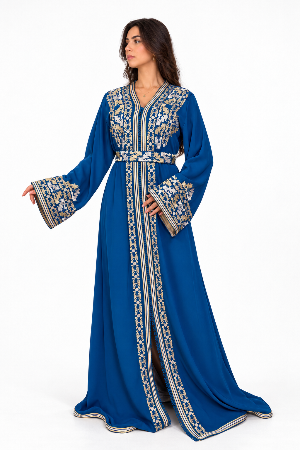 Blue One-Piece Moroccan Kaftan with Belt with Embroidered Overlay — product view 3