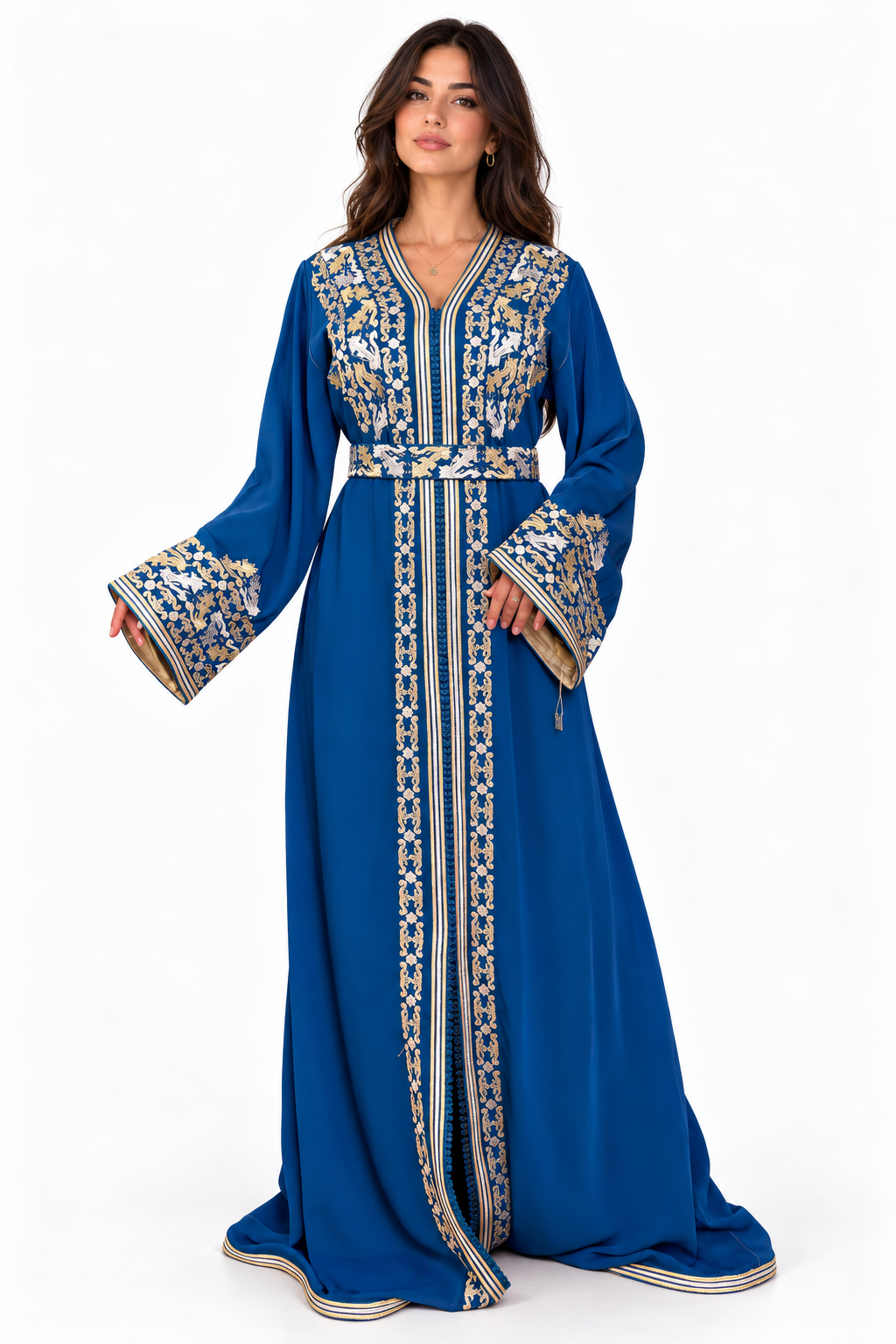 Blue One-Piece Moroccan Kaftan with Belt with Embroidered Overlay — product view 4