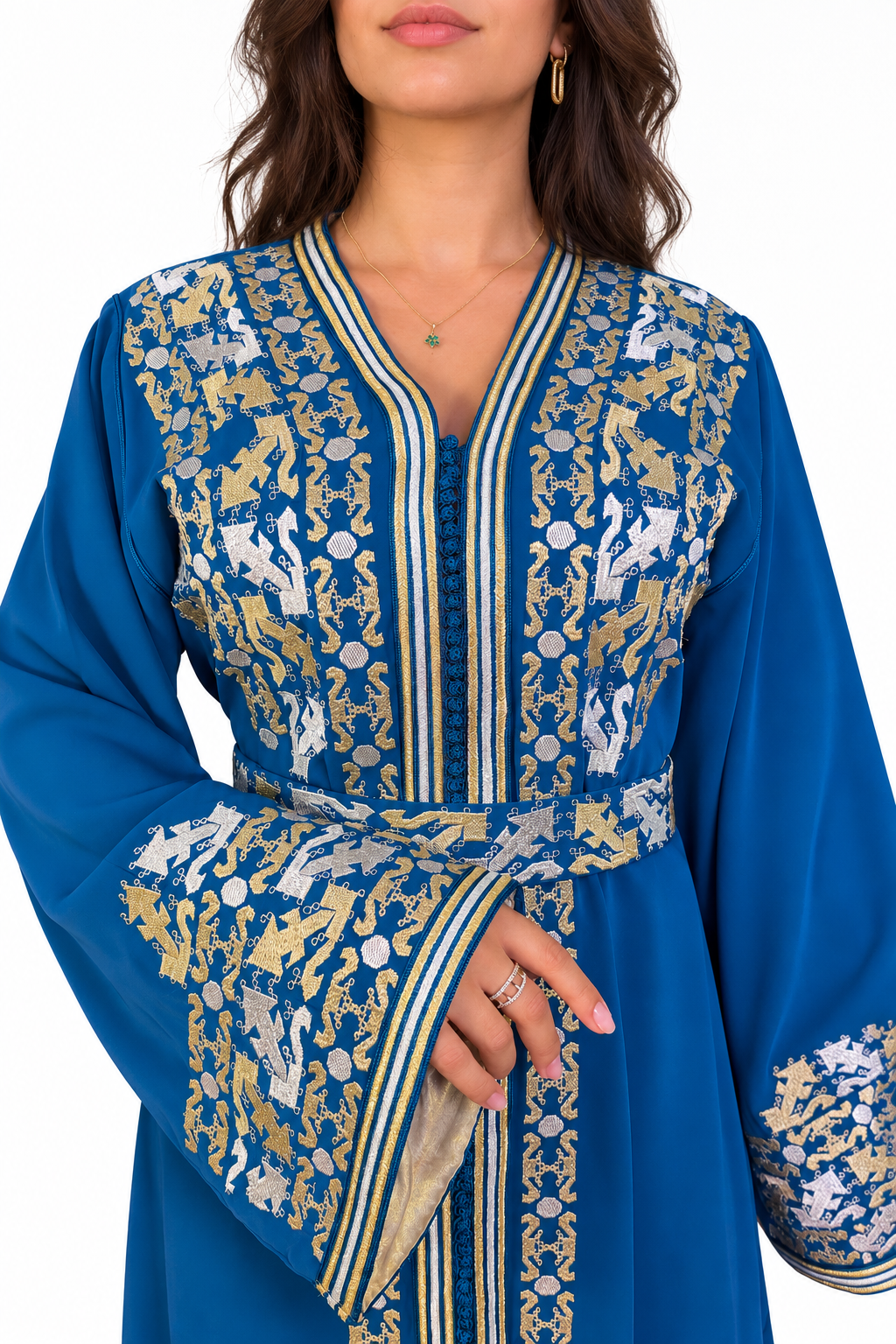 Blue One-Piece Moroccan Kaftan with Belt with Embroidered Overlay — product view 5