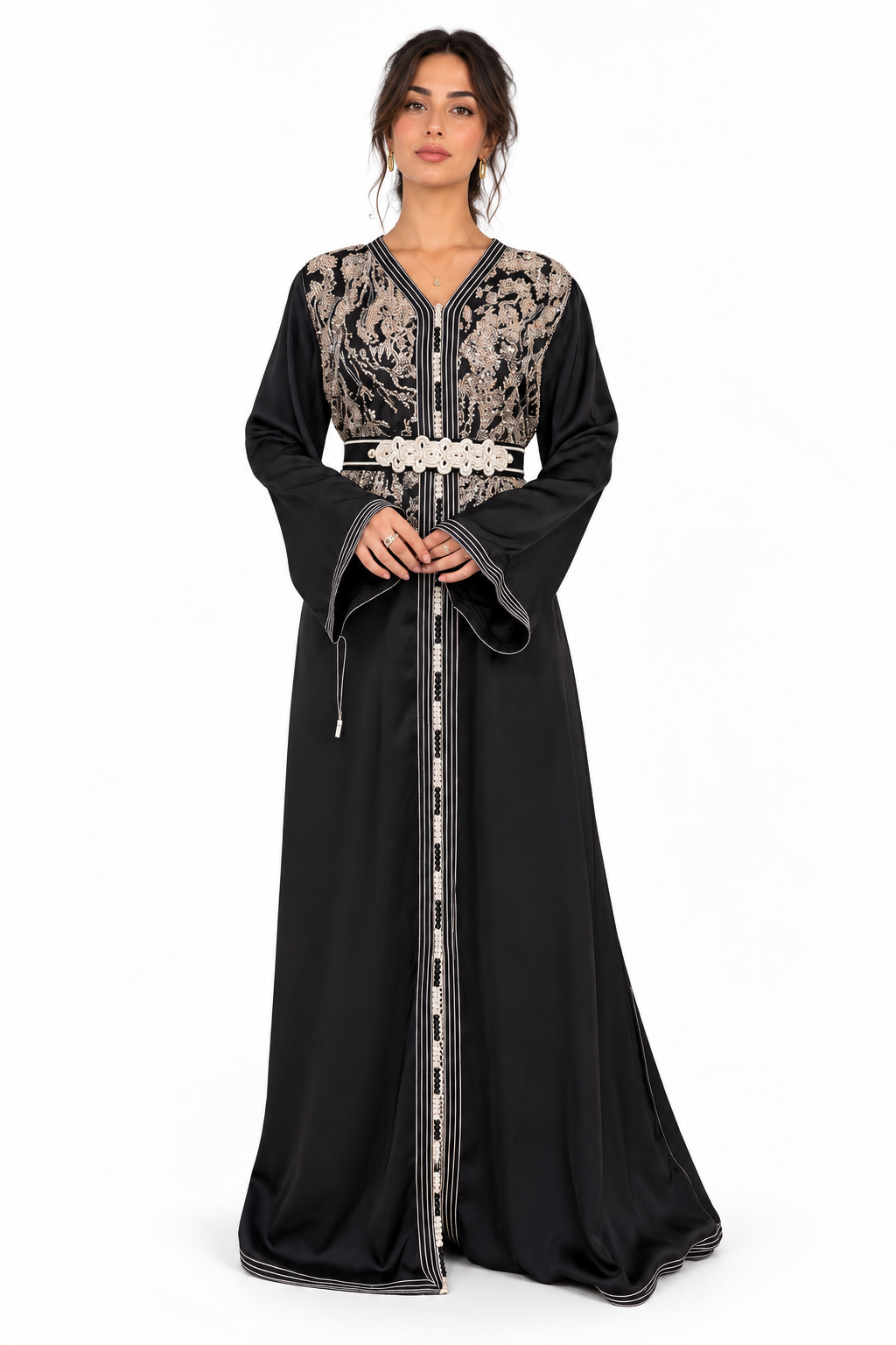 Black One-Piece Moroccan Kaftan with Belt with Pearls — product view 1
