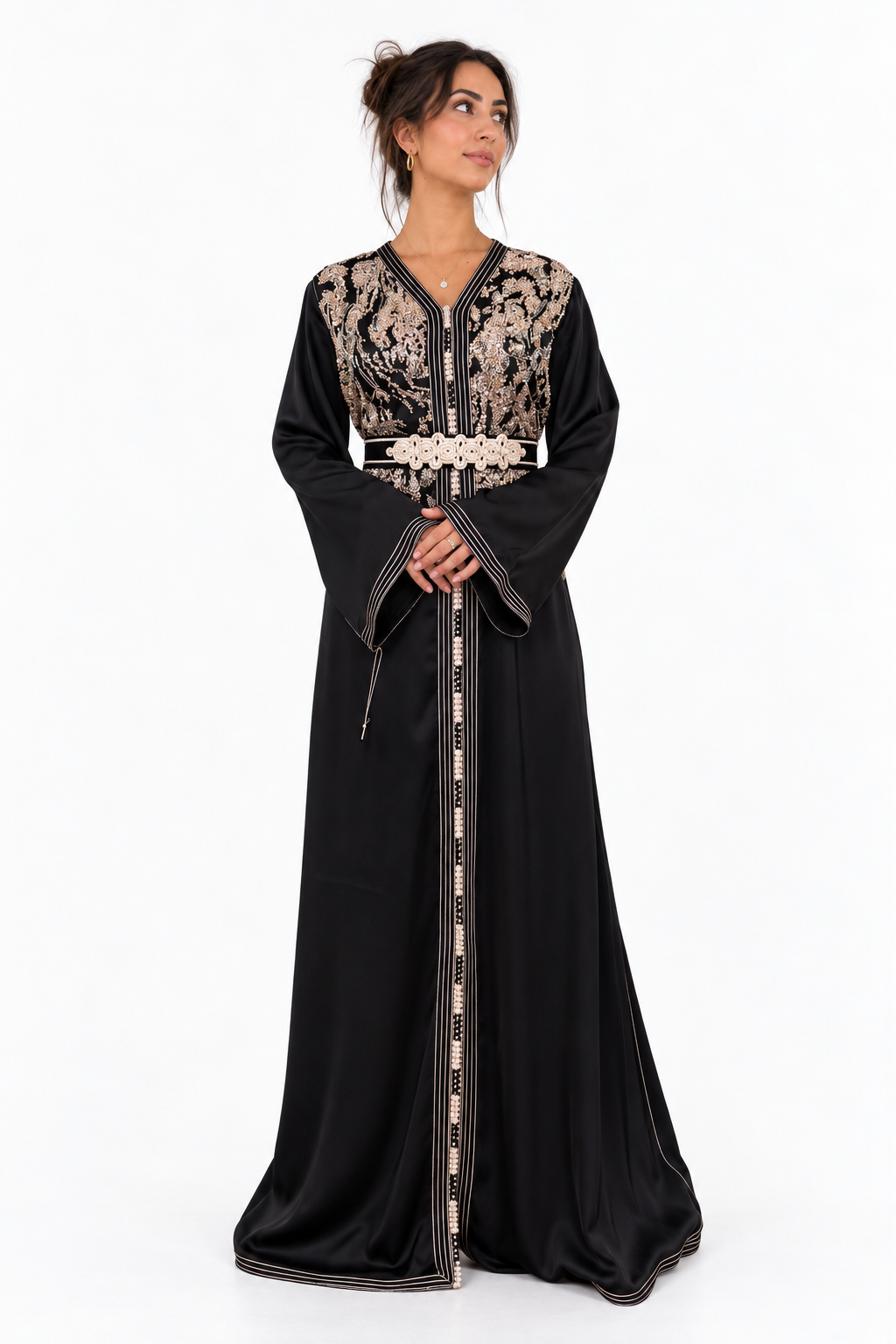 Black One-Piece Moroccan Kaftan with Belt with Pearls — product view 2