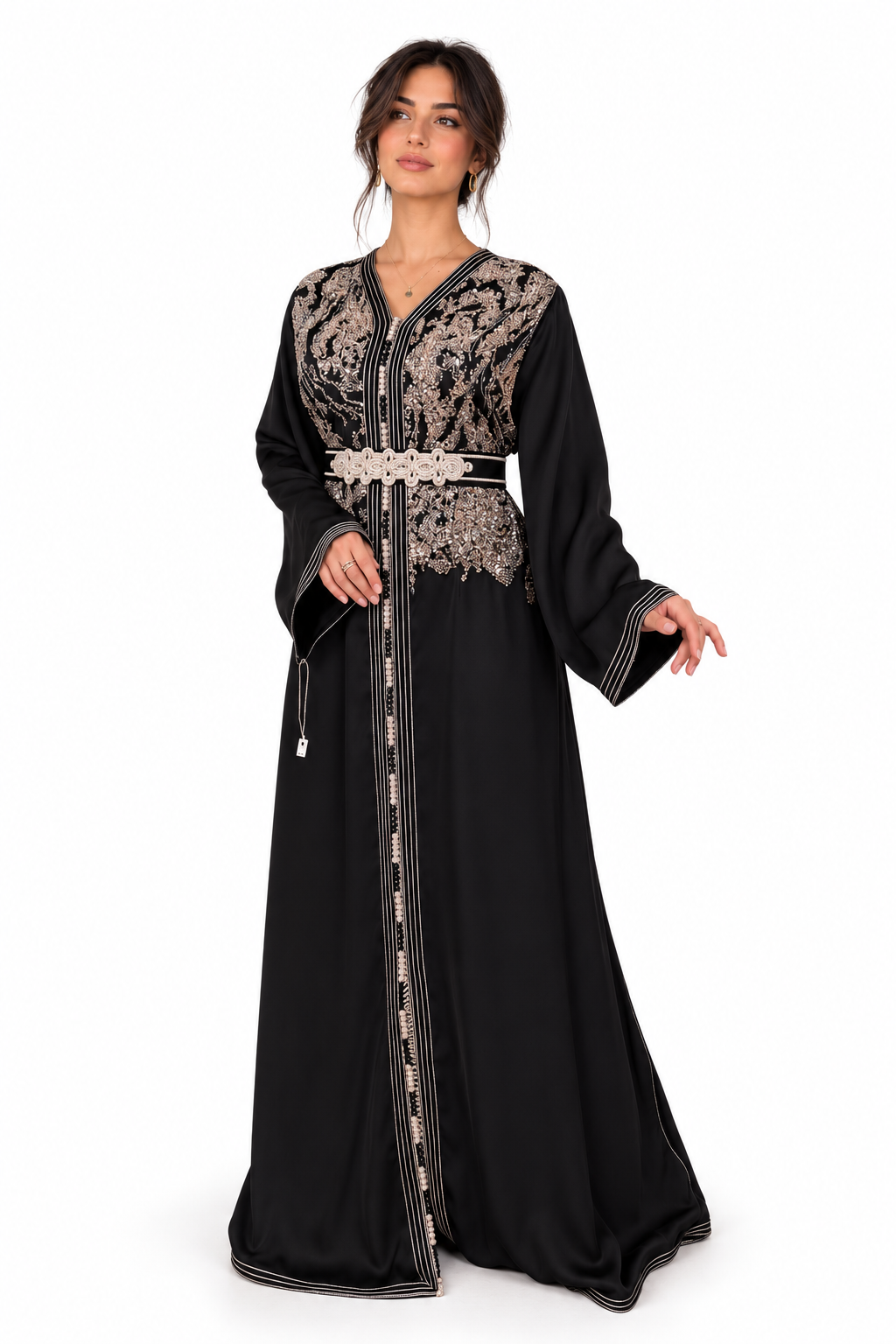 Black One-Piece Moroccan Kaftan with Belt with Pearls — product view 3
