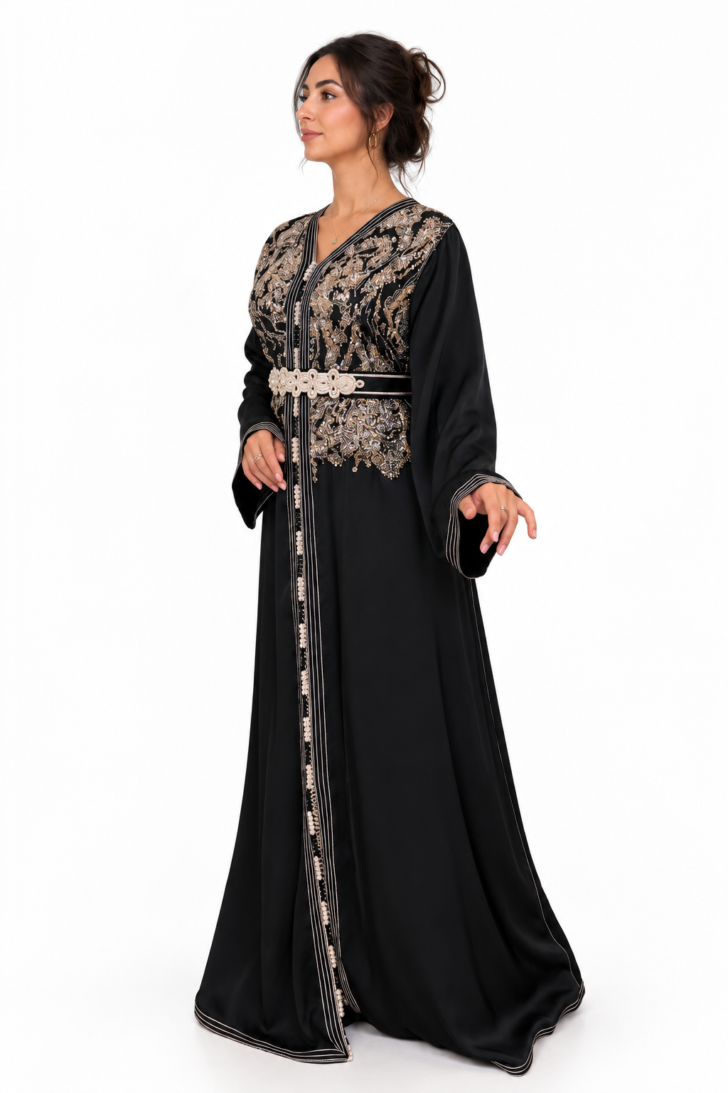 Black One-Piece Moroccan Kaftan with Belt with Pearls — product view 4