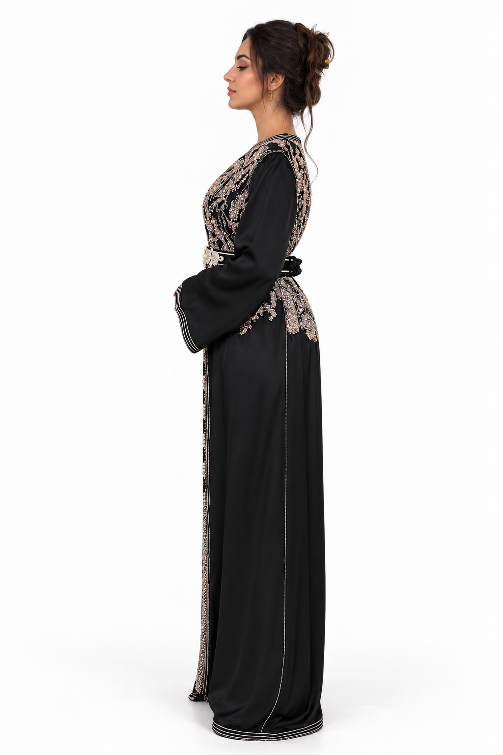 Black One-Piece Moroccan Kaftan with Belt with Pearls — product view 5