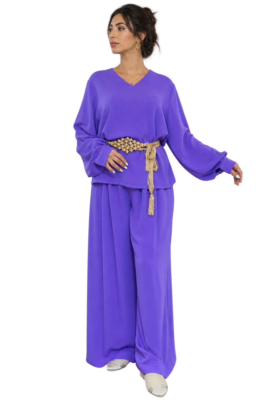 Amira Purple Two-Piece Set Long Sleeve (col V or cravatte) Crepe sans zwaq