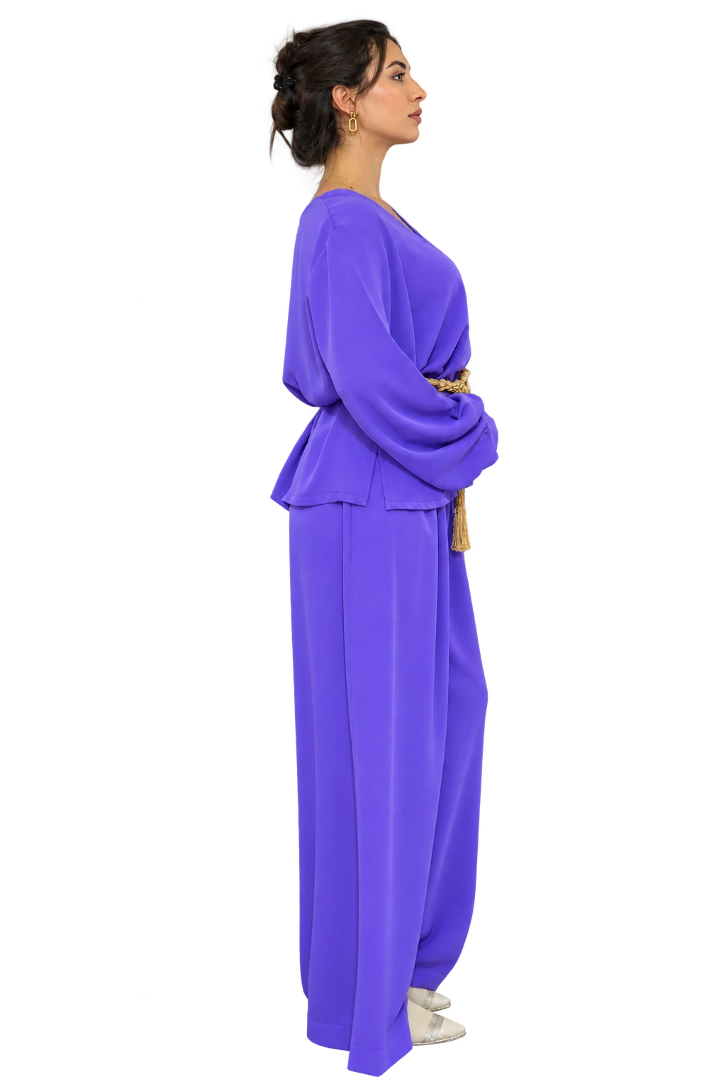 Amira Purple Two-Piece Set Long Sleeve (col V or cravatte) Crepe sans zwaq