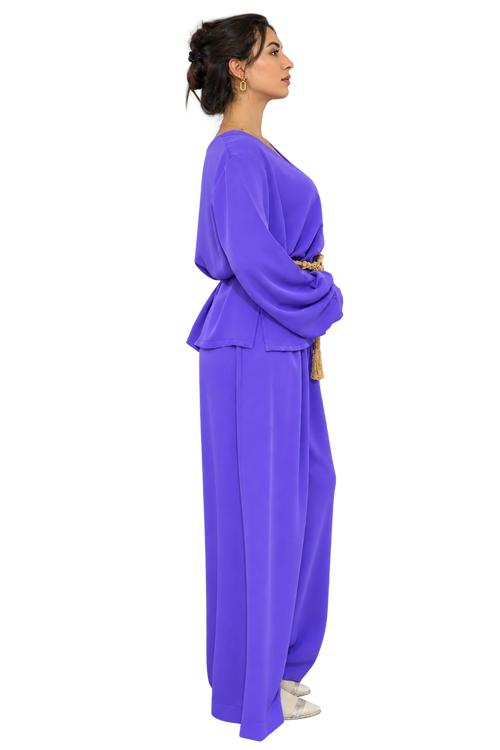 Amira Purple Two-Piece Set Long Sleeve (col V or cravatte) Crepe sans zwaq
