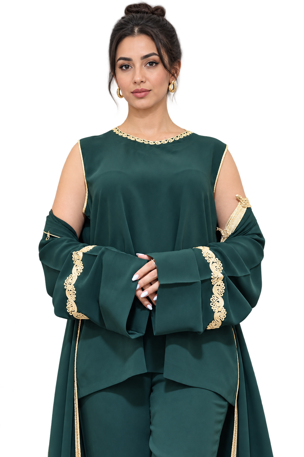 Emerald green kaftan with ornate gold sleeve embroidery