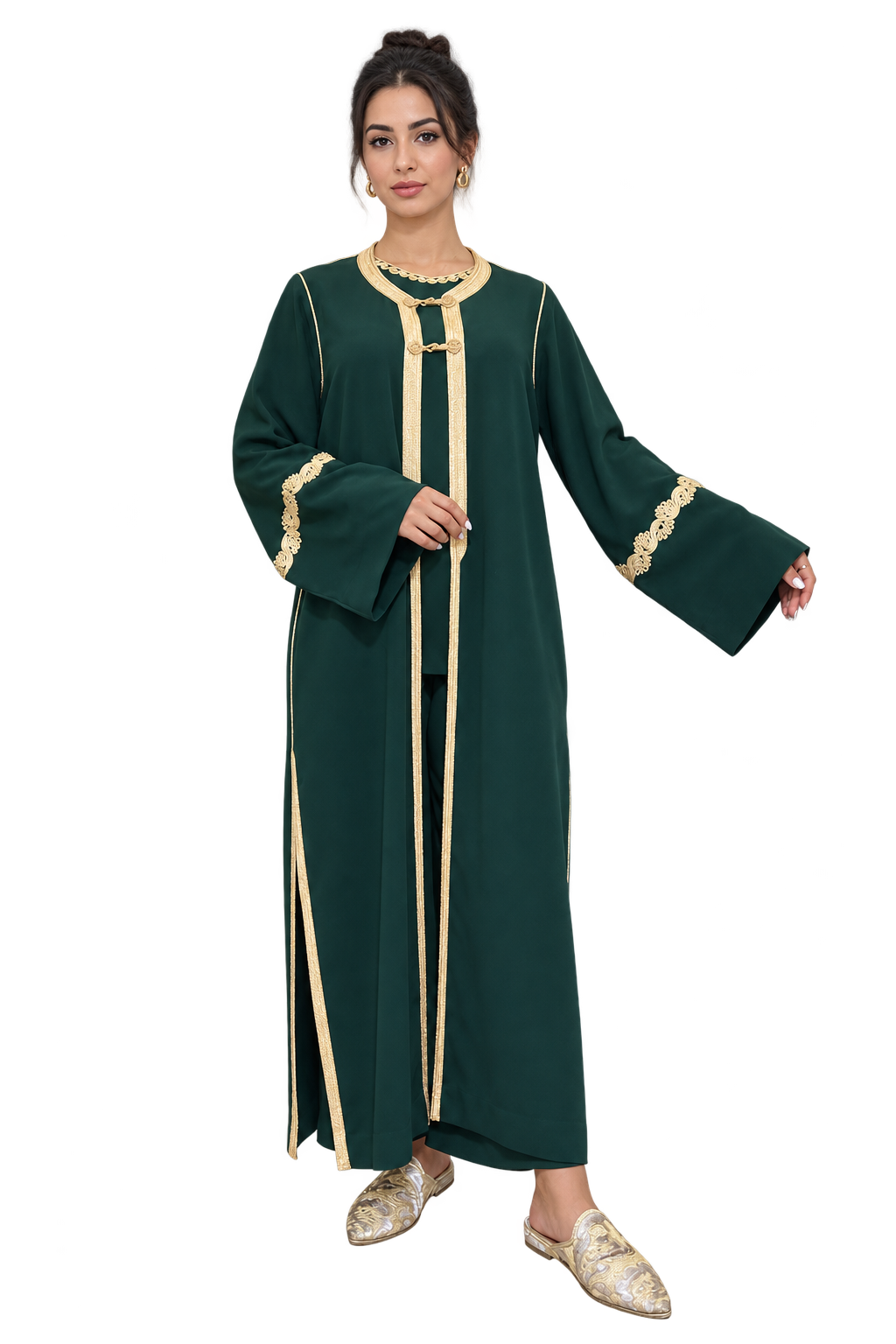 Emerald green Moroccan kaftan with wide gold-trimmed sleeves