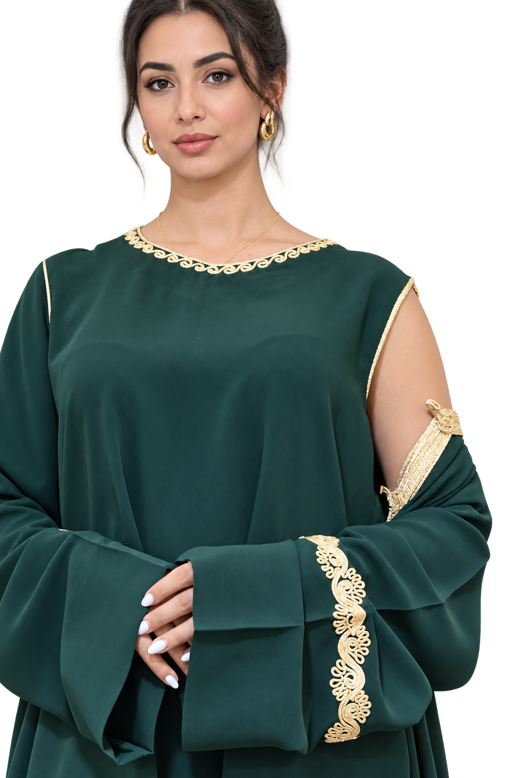 Close-up of emerald green kaftan with gold neckline and sleeve detailing