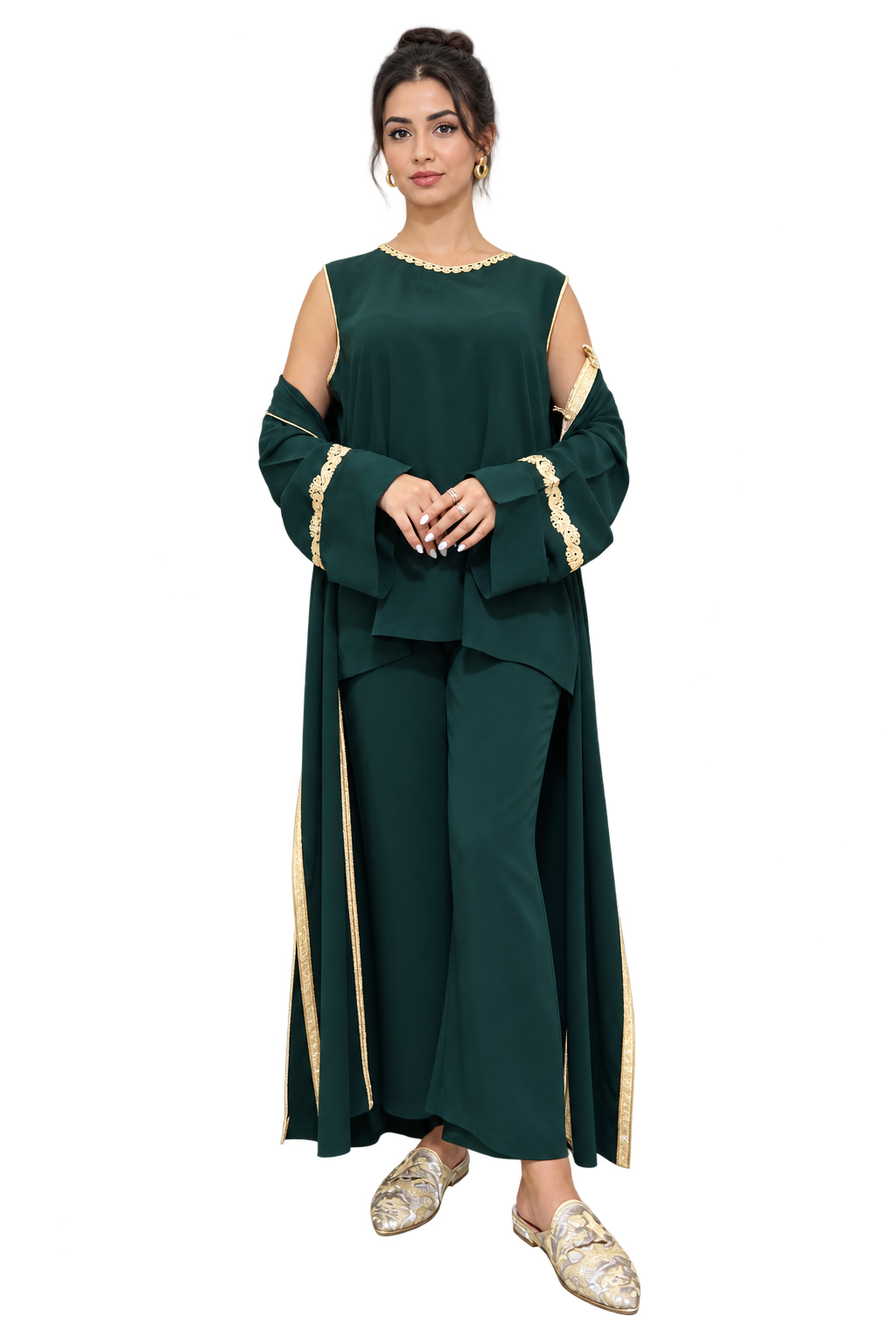 Three-piece emerald green Moroccan kaftan set front view