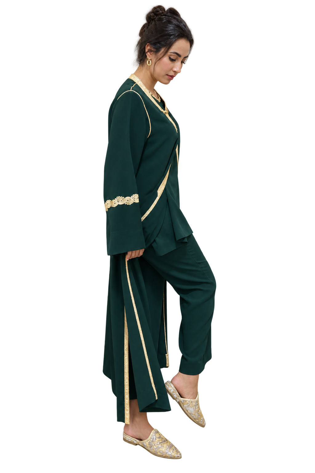 Emerald green three-piece kaftan set with matching trousers
