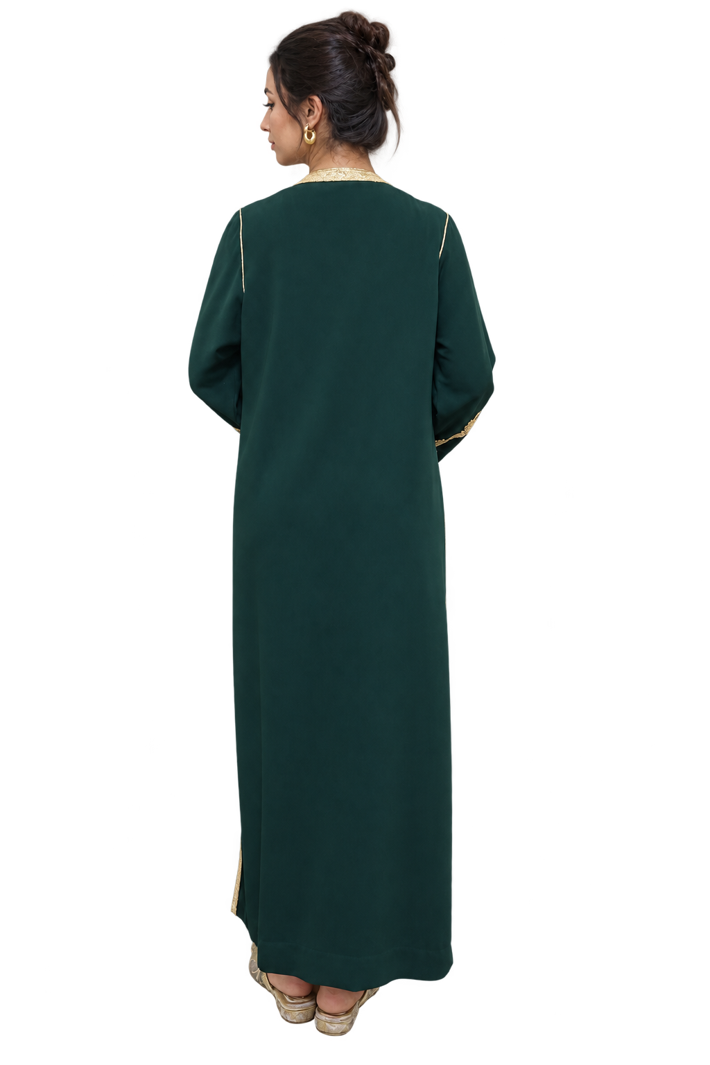 Back view of emerald green Moroccan kaftan set