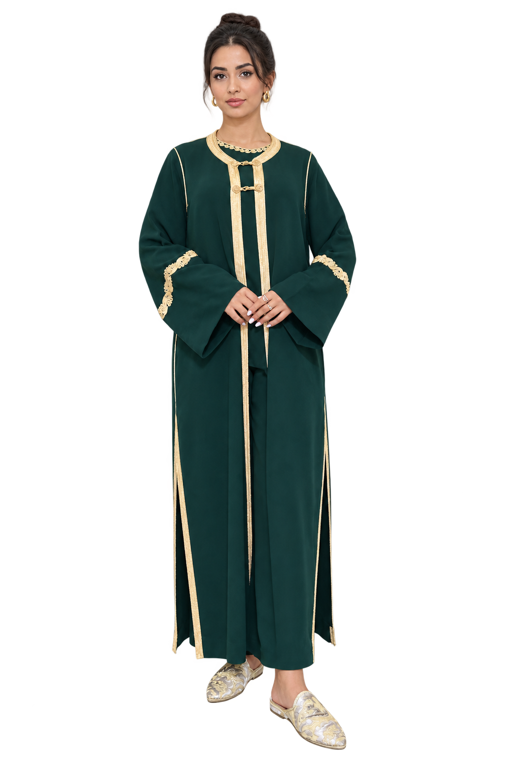 front.webp
Emerald green Moroccan kaftan set with gold trim front view