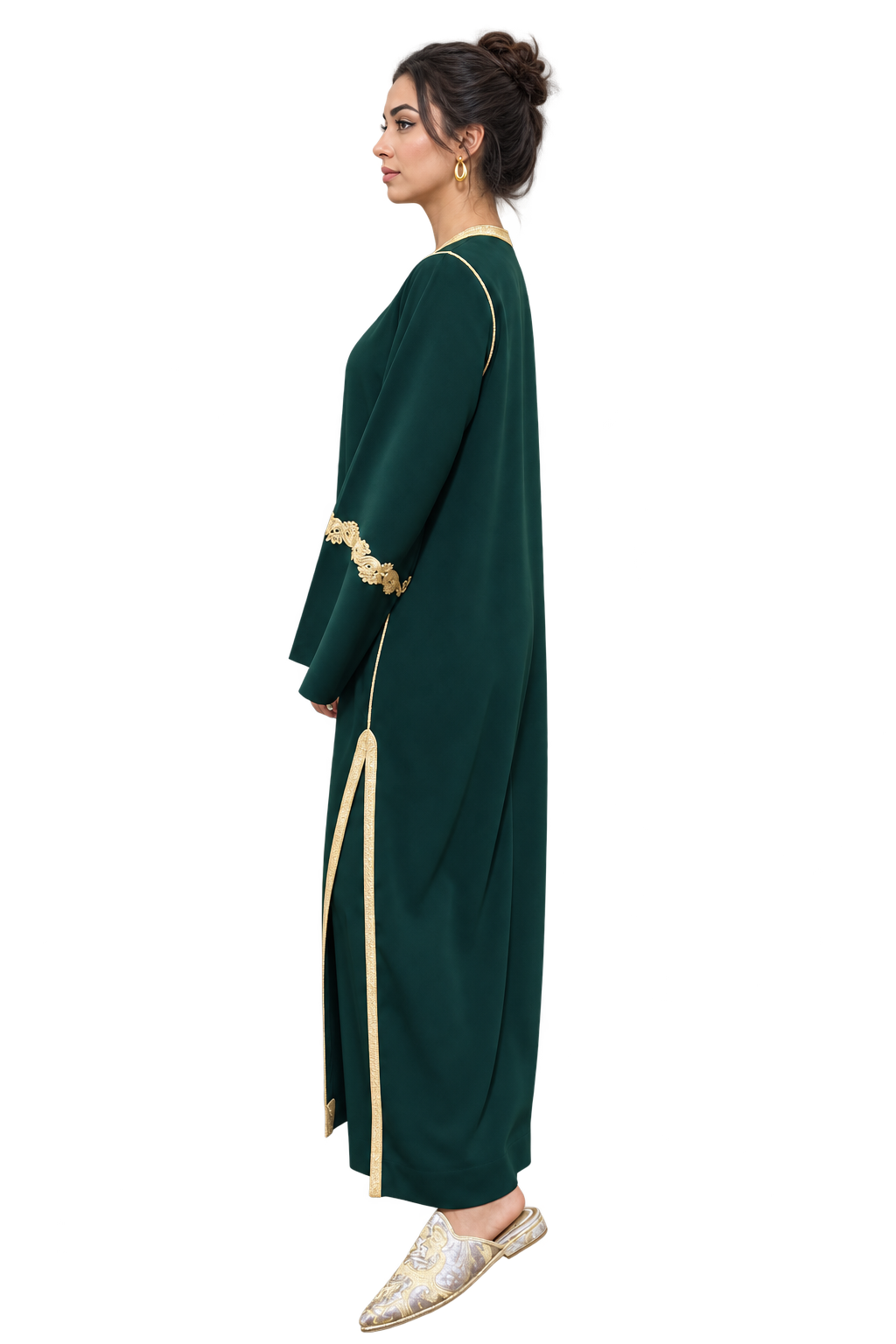 Side view of emerald green Moroccan kaftan with gold trim