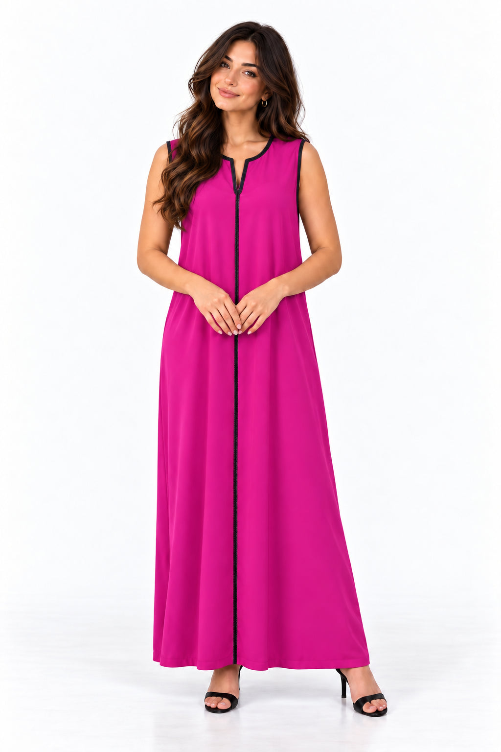 Fuchsia & Black Trim Sleeveless Kmiss — AI-styled front view on the brand model, white studio.
